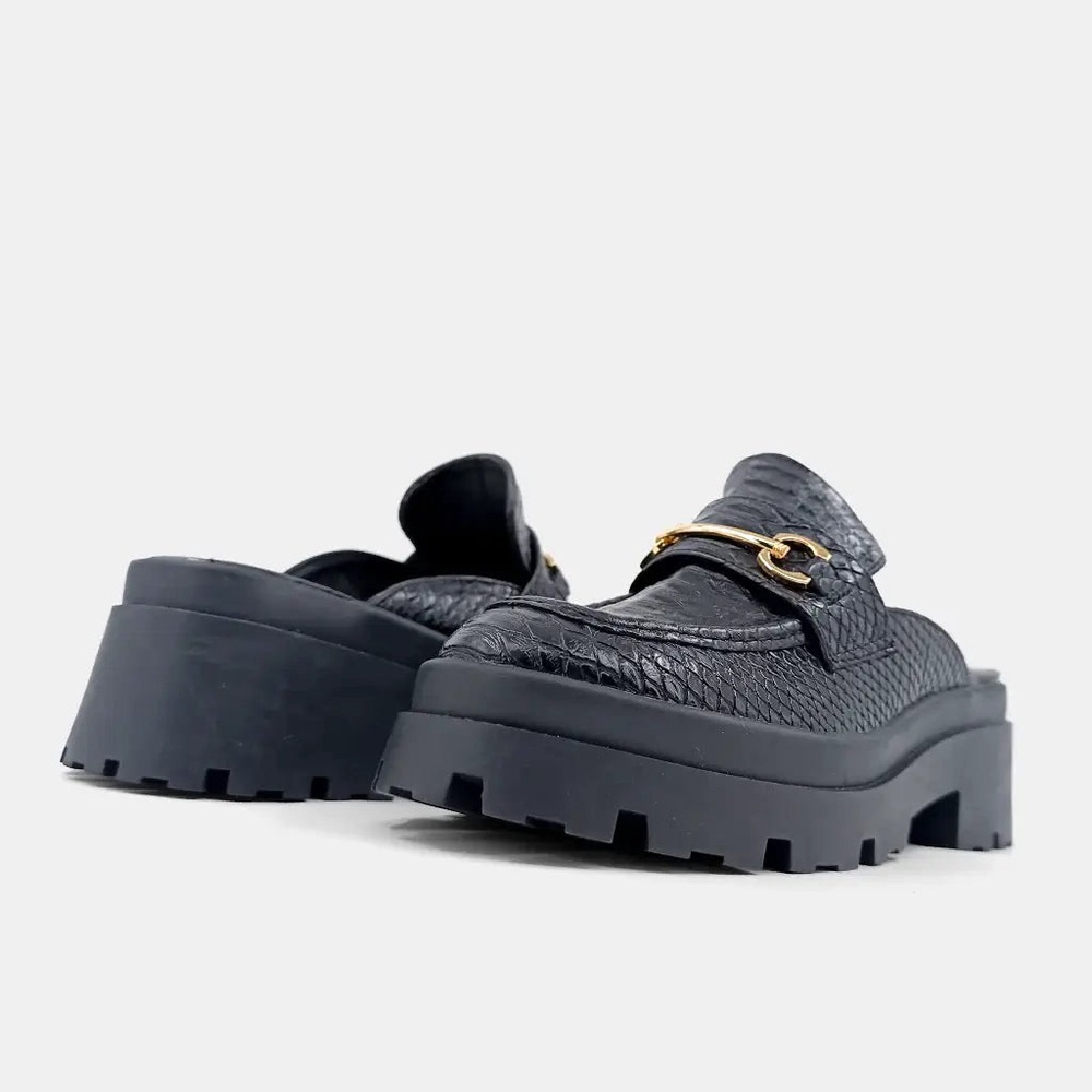 ShuShop | Black Snake Chunky Mule Loafers